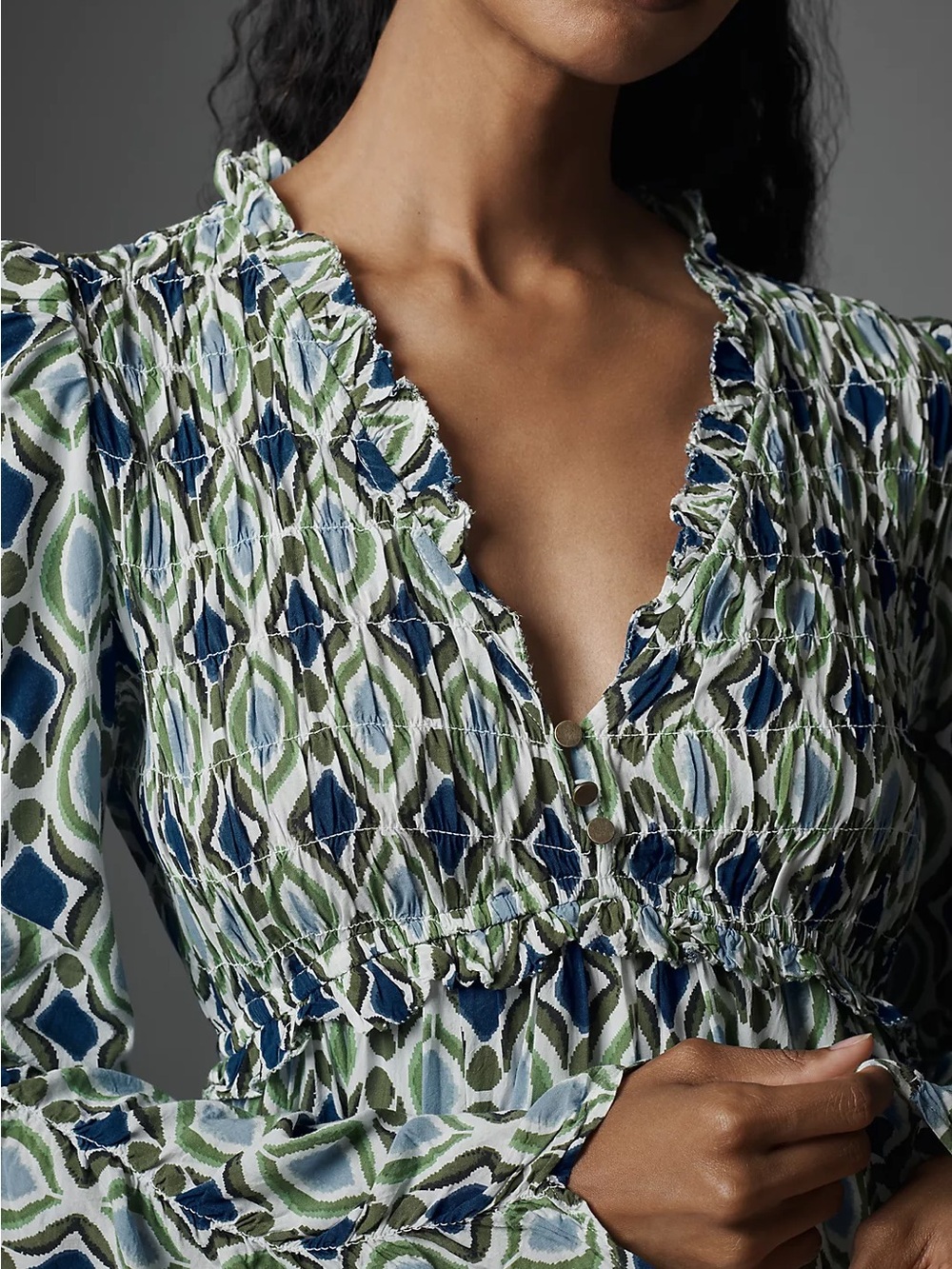 Anthropologie Dress Long Sleeve Ruffle Blue Green Smocked Large L - Picture 2 of 10